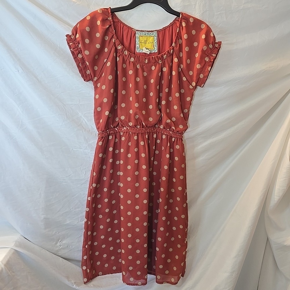 Bella Bird Cap Sleeve Braided Waist Chiffon Dress, Size M Coral Red Polka‎ Dots